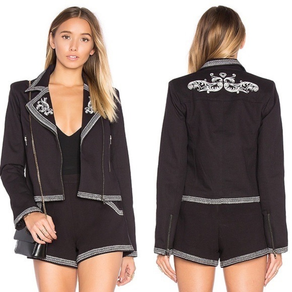 Lovers + Friends Moonrise Black Embroidered Cotton Moto Jacket Womens‎ Sz  M